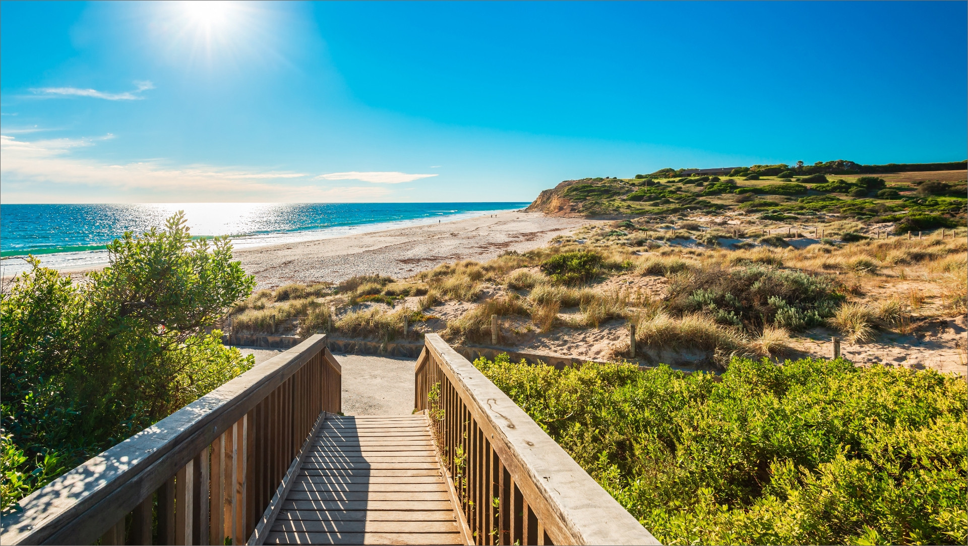 A wooden boardwalk leading to the beach